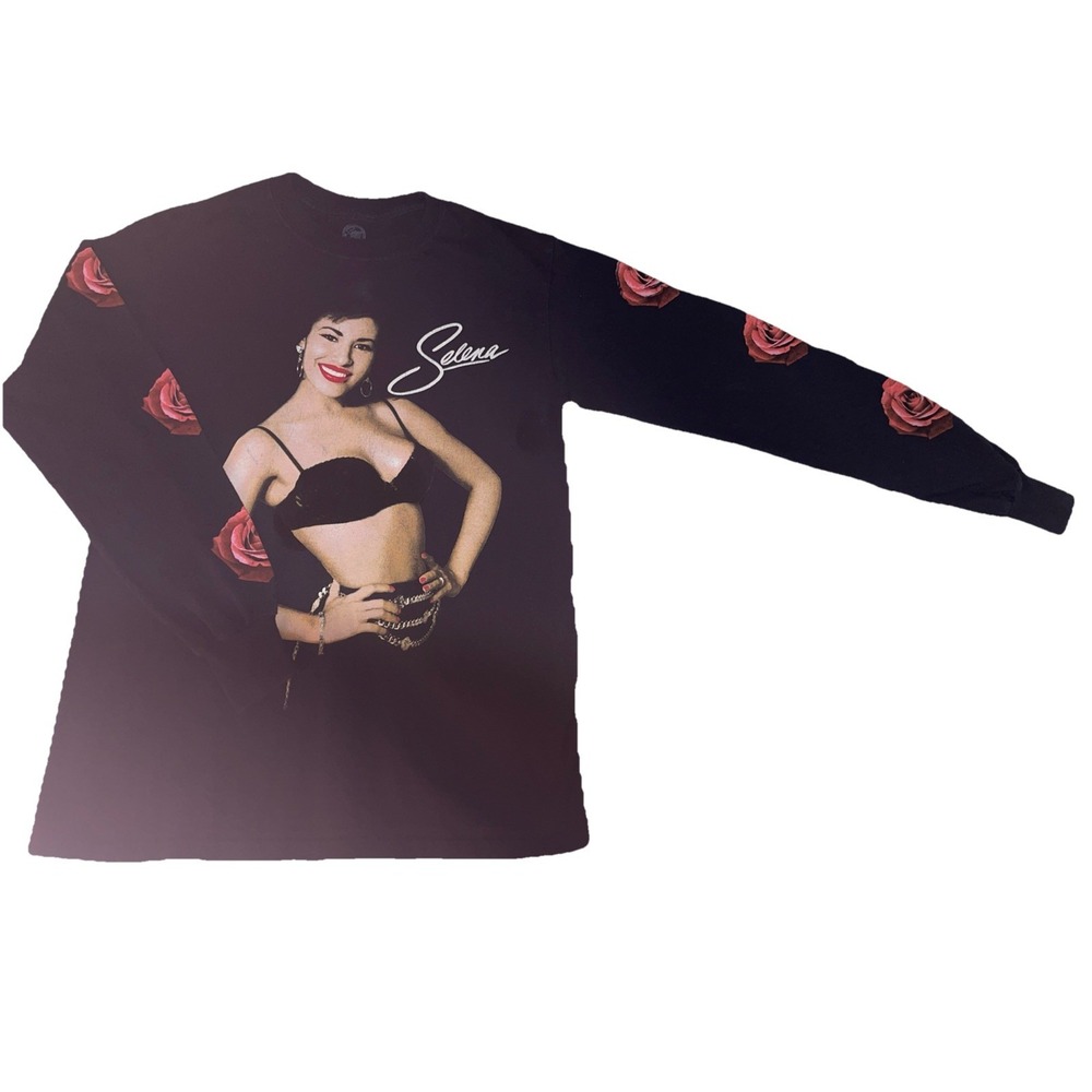 Selena Quintanilla Red Roses on Long Sleeve Black Small T-shirt black Bustier